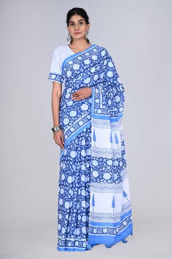 Shivanya handicrafts hand block printed women mulmul cotton sarees for women attach blouse piece sh-1661