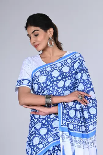 Shivanya handicrafts hand block printed women mulmul cotton sarees for women attach blouse piece sh-1661