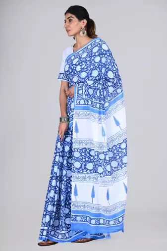 Shivanya handicrafts hand block printed women mulmul cotton sarees for women attach blouse piece sh-1661