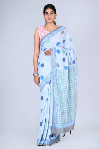 Shivanya handicrafts hand block printed women mulmul cotton sarees for women attach blouse piece sh-1662