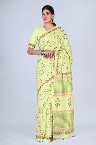 Shivanya handicrafts hand block printed women mulmul cotton sarees for women attach blouse piece sh-1663
