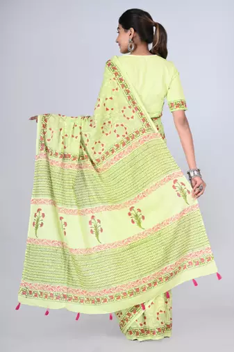 Shivanya handicrafts hand block printed women mulmul cotton sarees for women attach blouse piece sh-1663
