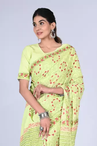 Shivanya handicrafts hand block printed women mulmul cotton sarees for women attach blouse piece sh-1663