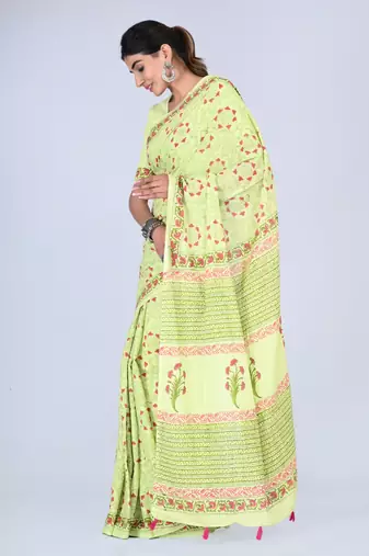 Shivanya handicrafts hand block printed women mulmul cotton sarees for women attach blouse piece sh-1663