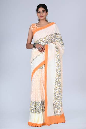 Shivanya handicrafts hand block printed women mulmul cotton sarees for women attach blouse piece sh-1665