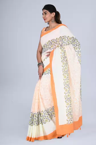Shivanya handicrafts hand block printed women mulmul cotton sarees for women attach blouse piece sh-1665