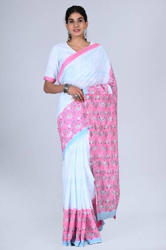 Shivanya handicrafts hand block printed women mulmul cotton sarees for women attach blouse piece sh-1666