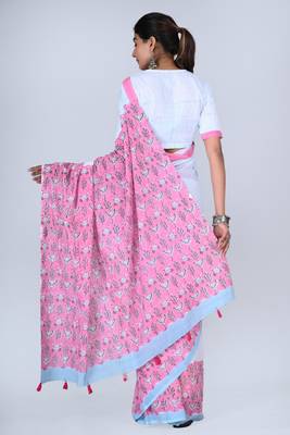 Shivanya handicrafts hand block printed women mulmul cotton sarees for women attach blouse piece sh-1666 2