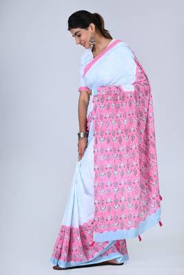 Shivanya handicrafts hand block printed women mulmul cotton sarees for women attach blouse piece sh-1666 3