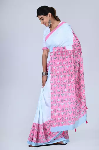 Shivanya handicrafts hand block printed women mulmul cotton sarees for women attach blouse piece sh-1666
