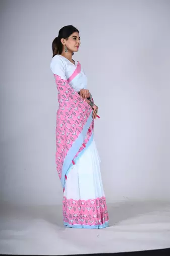 Shivanya handicrafts hand block printed women mulmul cotton sarees for women attach blouse piece sh-1666