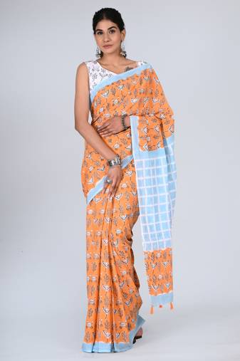 Shivanya handicrafts hand block printed women mulmul cotton sarees for women attach blouse piece sh-1667