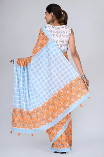 Shivanya handicrafts hand block printed women mulmul cotton sarees for women attach blouse piece sh-1667