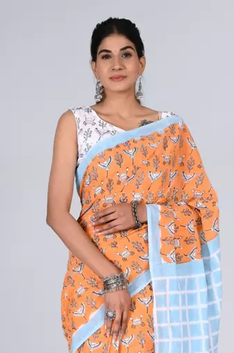 Shivanya handicrafts hand block printed women mulmul cotton sarees for women attach blouse piece sh-1667