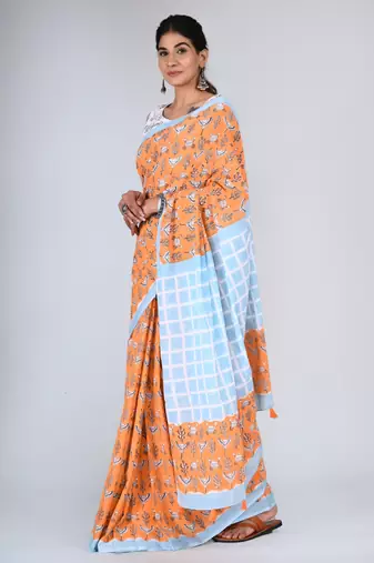 Shivanya handicrafts hand block printed women mulmul cotton sarees for women attach blouse piece sh-1667