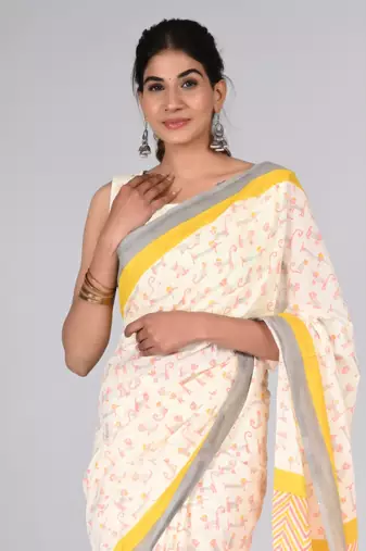 Shivanya handicrafts hand block printed women mulmul cotton sarees for women attach blouse piece sh-1668