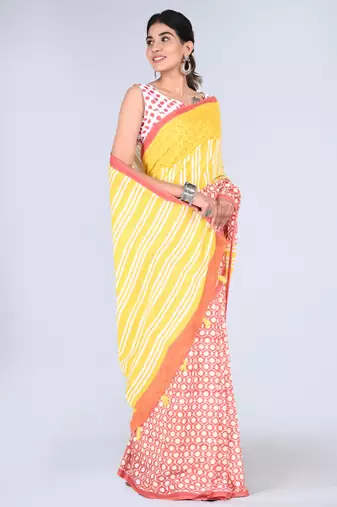 Shivanya handicrafts hand block printed women mulmul cotton sarees for women attach blouse piece sh-1657