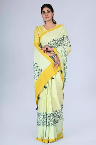 Shivanya handicrafts hand block printed women mulmul cotton sarees for women attach blouse piece sh-1664