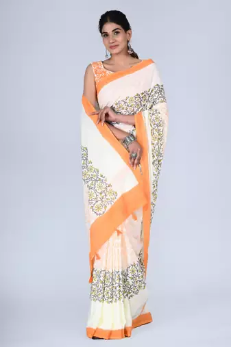 Shivanya handicrafts hand block printed women mulmul cotton sarees for women attach blouse piece sh-1665