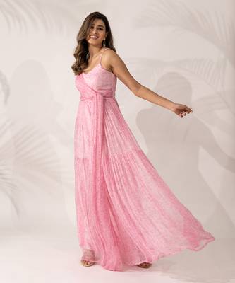 Pink cherry blossom chiffon maxi dress 1