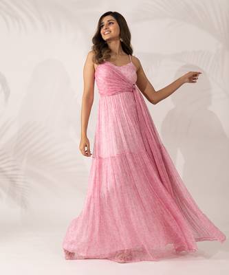 Pink cherry blossom chiffon maxi dress 2
