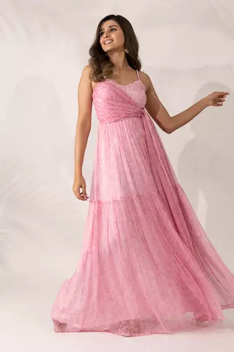 Pink cherry blossom chiffon maxi dress