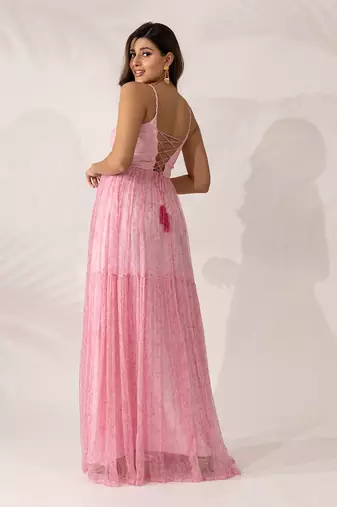 Pink cherry blossom chiffon maxi dress