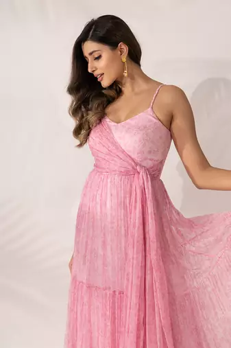 Pink cherry blossom chiffon maxi dress