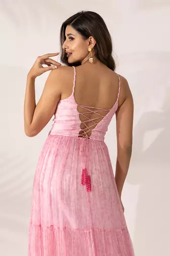 Pink cherry blossom chiffon maxi dress