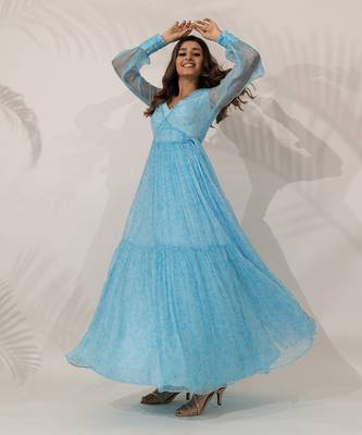 Blue viscose chiffon floral printed a-line maxi dress 1