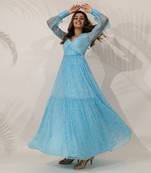 Blue viscose chiffon floral printed a-line maxi dress