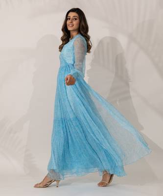 Blue viscose chiffon floral printed a-line maxi dress 2
