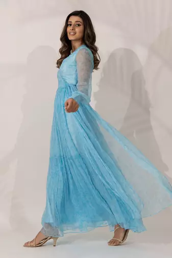 Blue viscose chiffon floral printed a-line maxi dress
