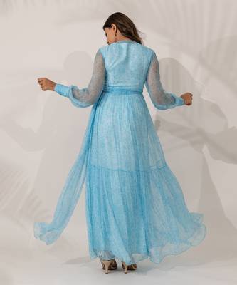 Blue viscose chiffon floral printed a-line maxi dress 3