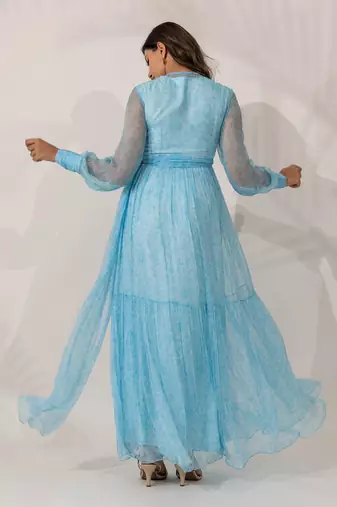 Blue viscose chiffon floral printed a-line maxi dress