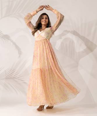 Yellow & pink viscose chiffon floral printed a-line maxi dress 1