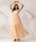 Yellow & pink viscose chiffon floral printed a-line maxi dress