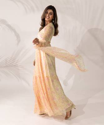 Yellow & pink viscose chiffon floral printed a-line maxi dress 2