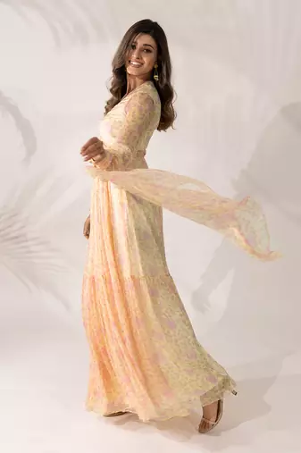 Yellow & pink viscose chiffon floral printed a-line maxi dress
