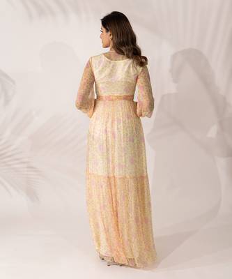 Yellow & pink viscose chiffon floral printed a-line maxi dress 3