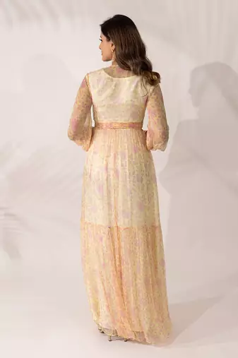 Yellow & pink viscose chiffon floral printed a-line maxi dress