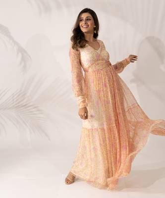 Yellow & pink viscose chiffon floral printed a-line maxi dress 5