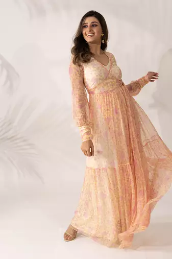 Yellow & pink viscose chiffon floral printed a-line maxi dress