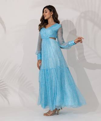 Blue himalayan viscose chiffon poppy maxi-dress 1