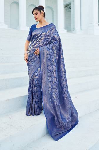 Navy blue Kumbhi silk bland banarasi style zari weaving saree with Blouse