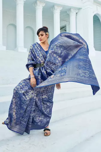 Navy blue Kumbhi silk bland banarasi style zari weaving saree with Blouse