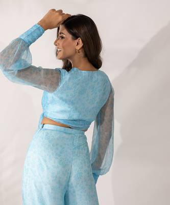 Blue himalayan poppy wrap crop top with tie-up 3