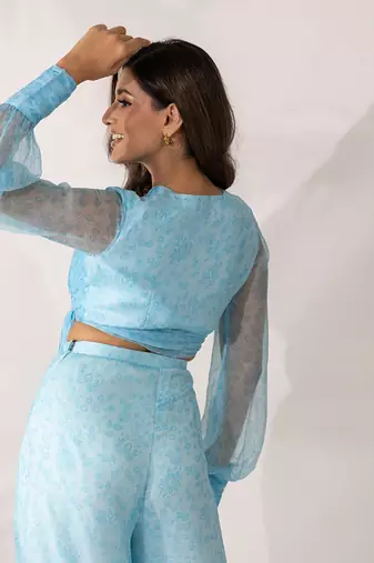 Blue himalayan poppy wrap crop top with tie-up