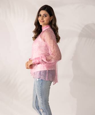 Pink cherry blossom high-neck top 1