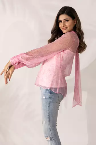 Pink cherry blossom high-neck top